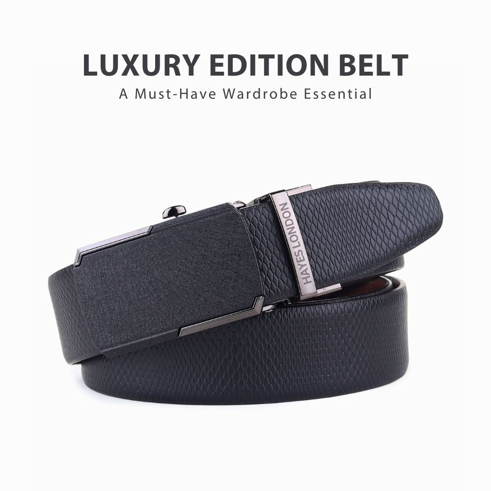 Hayes London | Italian Leather Reversible Black & Brown Auto-Lock Belt for Men, Micro-Adjustable No-Hole Belt (Leather Texture: Viper)