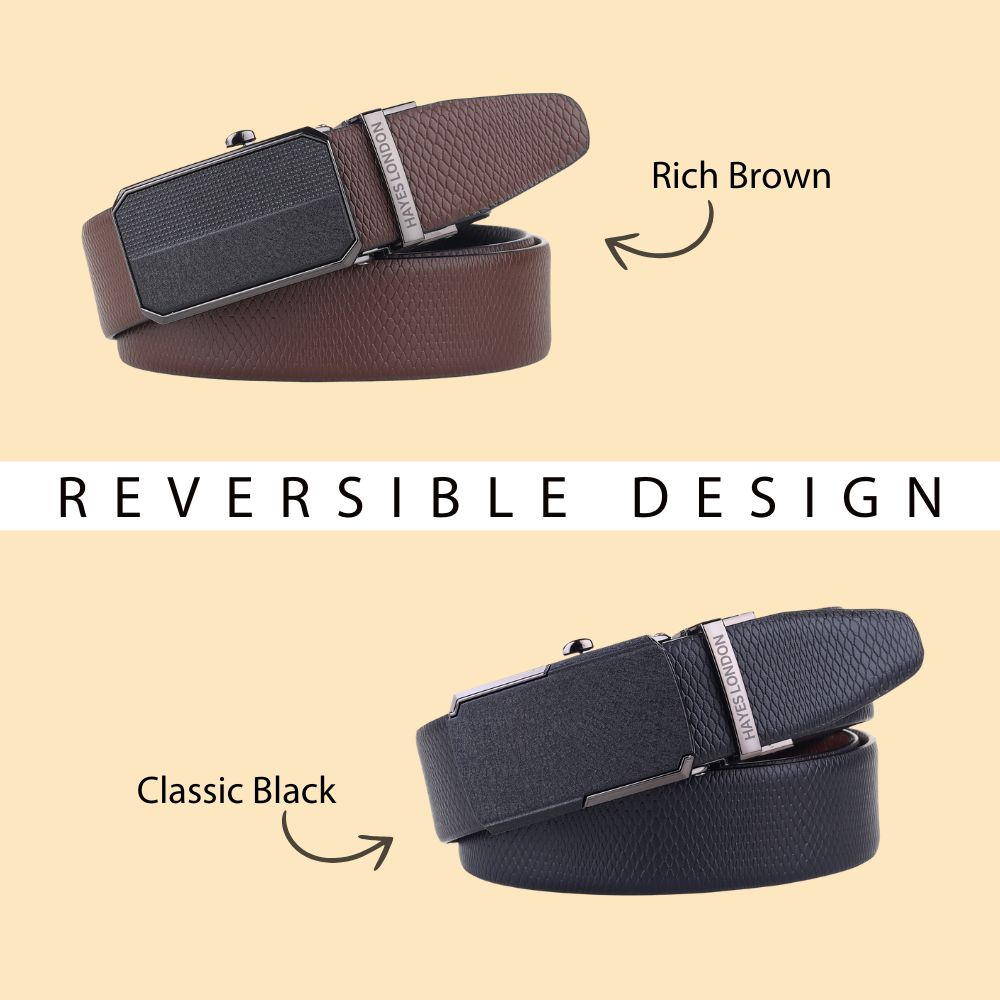 Hayes London | Italian Leather Reversible Black & Brown Auto-Lock Belt for Men, Micro-Adjustable No-Hole Belt (Leather Texture: Viper)