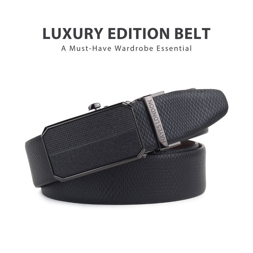 Hayes London | Italian Leather Reversible Black & Brown Auto-Lock Belt for Men, Micro-Adjustable No-Hole Belt (Leather Texture: Viper)