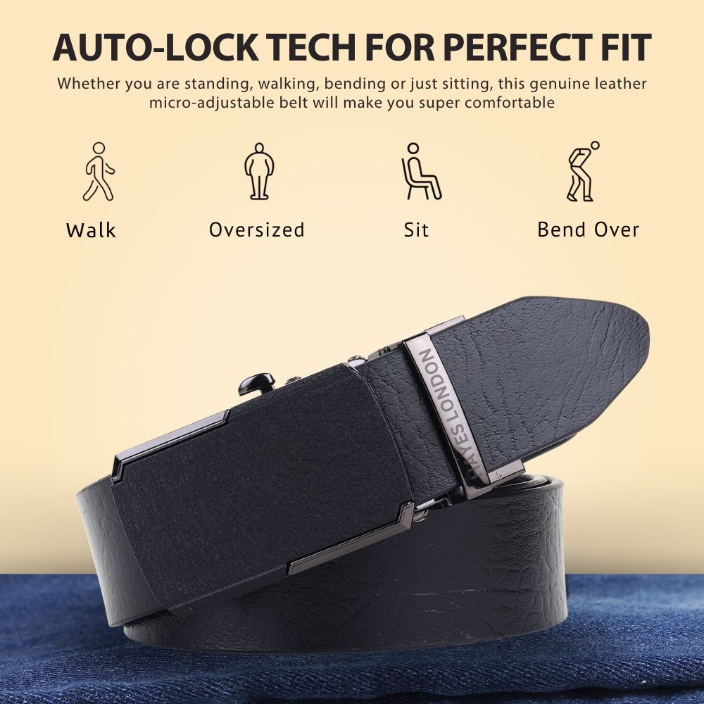 Hayes London | Reversible Black & Brown Genuine Leather Auto-Lock Belt for Men, Micro-Adjustable No-Hole Belt (Leather Texture: Wild)