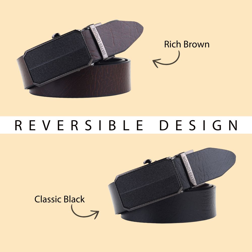 Hayes London | Reversible Black & Brown Genuine Leather Auto-Lock Belt for Men, Micro-Adjustable No-Hole Belt (Leather Texture: Wild)
