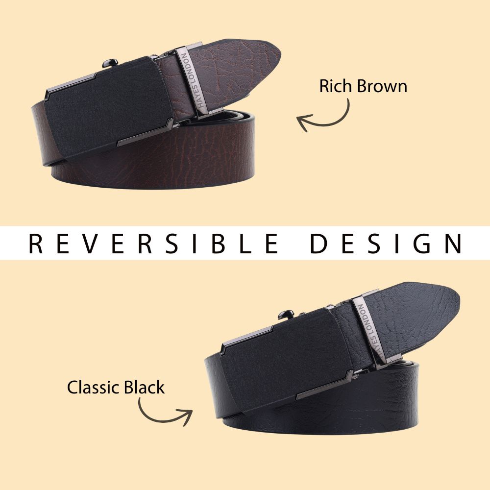 Hayes London | Reversible Black & Brown Genuine Leather Auto-Lock Belt for Men, Micro-Adjustable No-Hole Belt (Leather Texture: Wild)