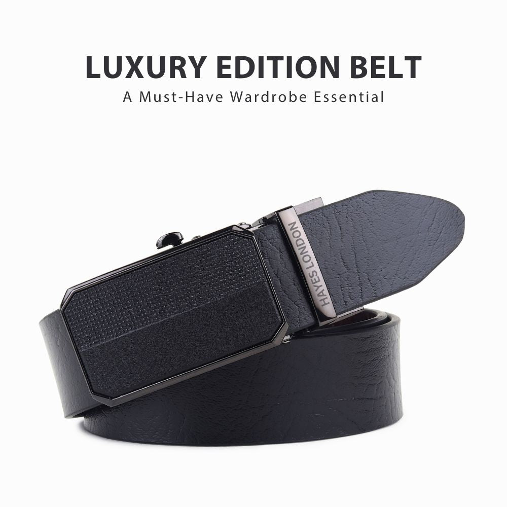Hayes London | Reversible Black & Brown Genuine Leather Auto-Lock Belt for Men, Micro-Adjustable No-Hole Belt (Leather Texture: Wild)