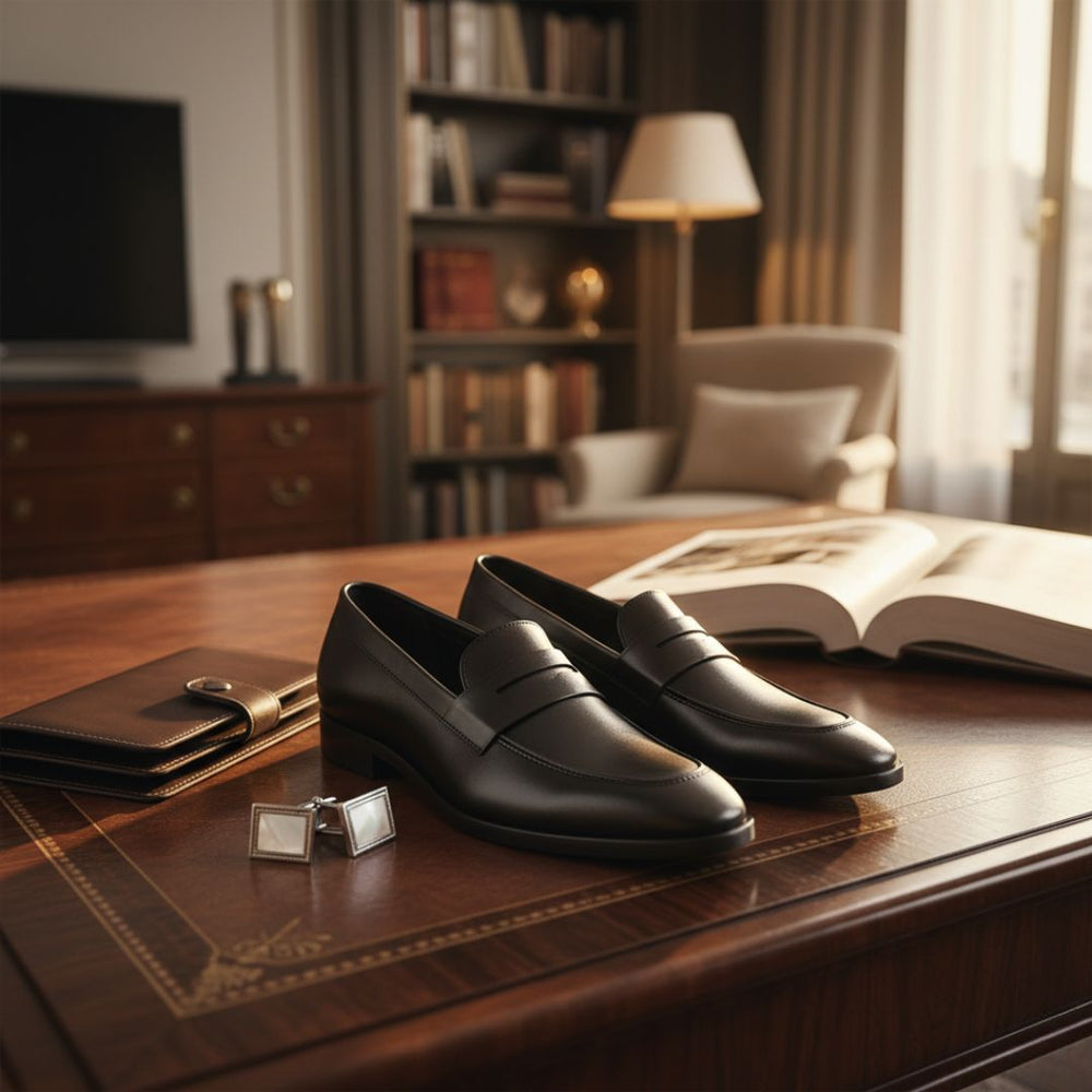 Hayes London | Belmonte Black Formal Penny Loafers for Men – Genuine Leather Slip-On Shoes for Office & Party Wear