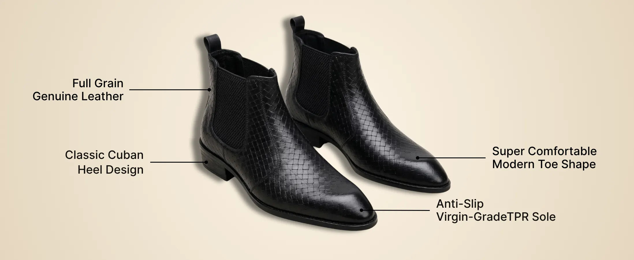Kingsley Cuban Heel Boots – Black Textured Genuine Leather Men’s Boots (2.5-Inch Heel & Tapered Toe Design)