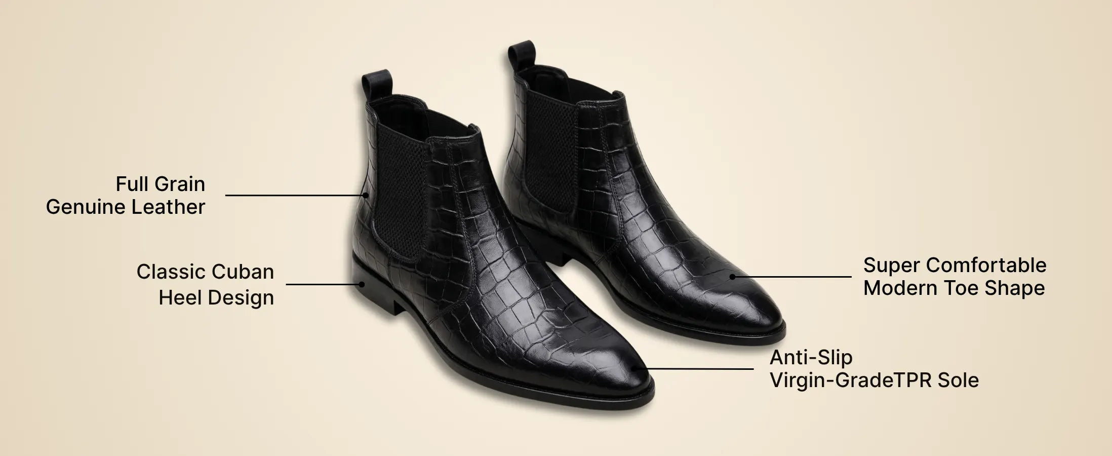 Pablo Cuban Boots – Black Croco-Textured Genuine Leather Men’s Boots (2-Inch Heel & Tapered Toe Design)