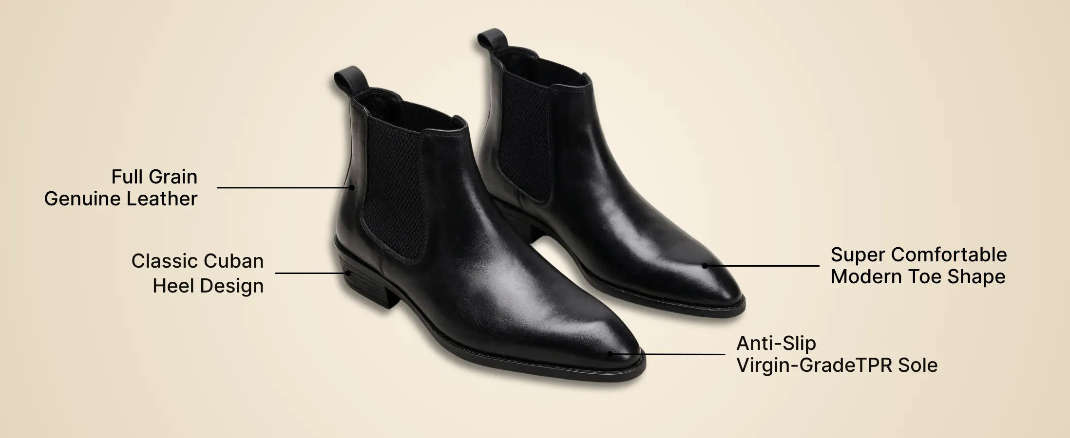Triabbiani Cuban Heel Boots – Black Plain Genuine Leather Men’s Boots (2.5-Inch Heel & Tapered Toe Design)