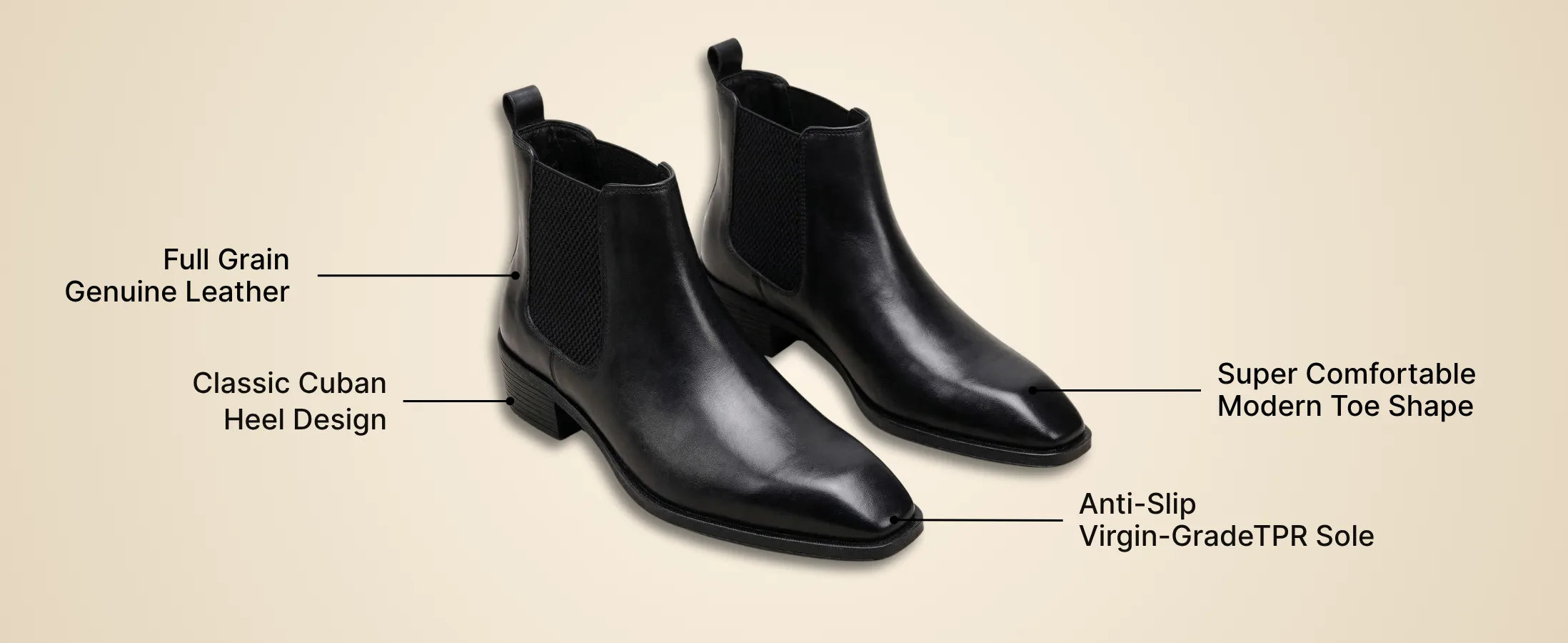 Dominion Cuban Heel Boots – Black Plain Genuine Leather Men’s Boots (2.5-Inch Heel & Tapered Almond Toe Design)