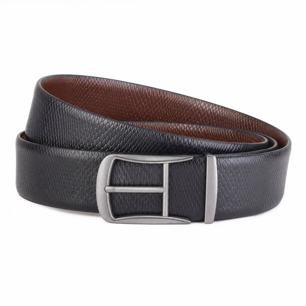 Hayes London | Cronos Viper Black & Brown Italian Leather Reversible Belt for Men – Matte Grey Buckle