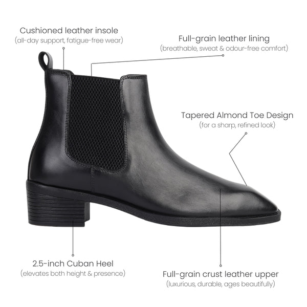 Hayes London | Dominion Black Genuine Leather Cuban Heel Boots for Men – Tapered Almond Toe Design & 2.5-Inch Heel