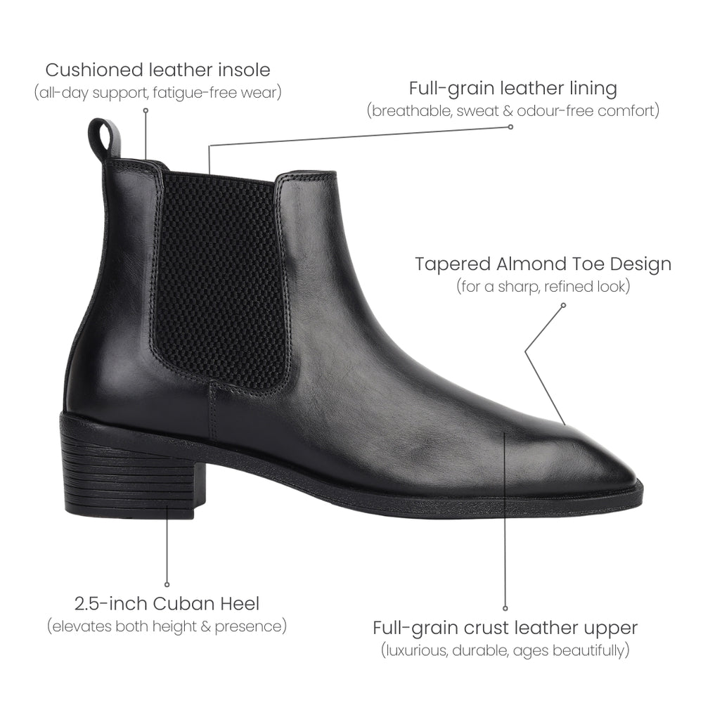 Hayes London | Dominion Cuban Heel Boots – Black Plain Genuine Leather Men’s Boots (2.5-Inch Heel & Tapered Almond Toe Design)
