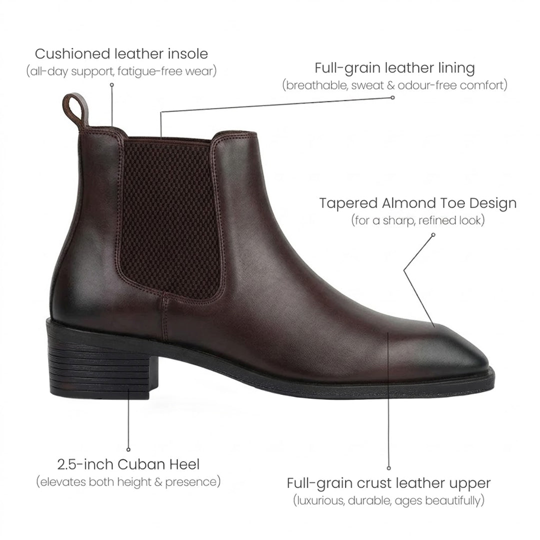 Dominion Brown Genuine Leather Cuban Heel Boots for Men – Tapered Almond Toe Design & 2.5-Inch Heel