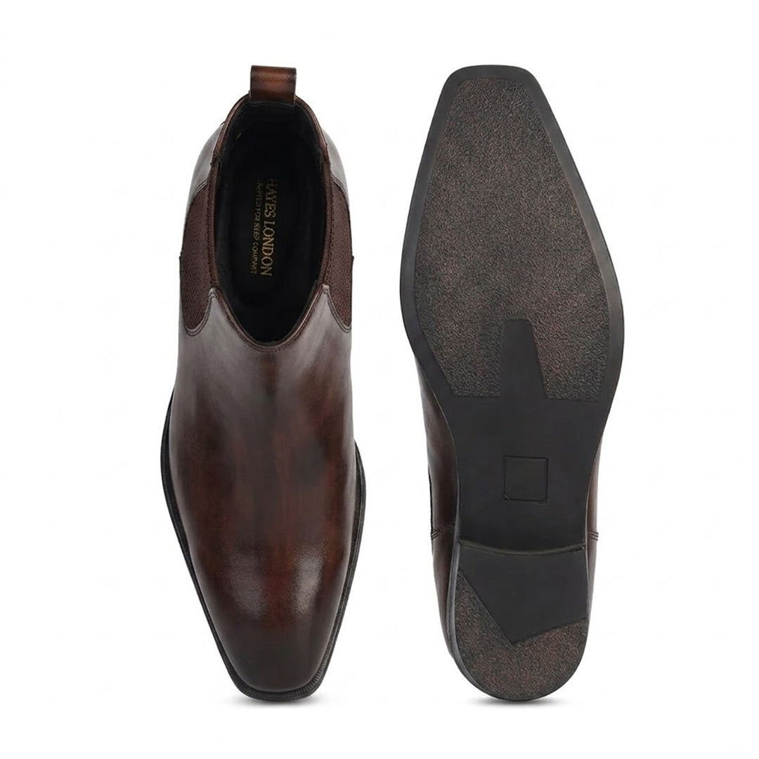Dominion Brown Genuine Leather Cuban Heel Boots for Men – Tapered Almond Toe Design & 2.5-Inch Heel