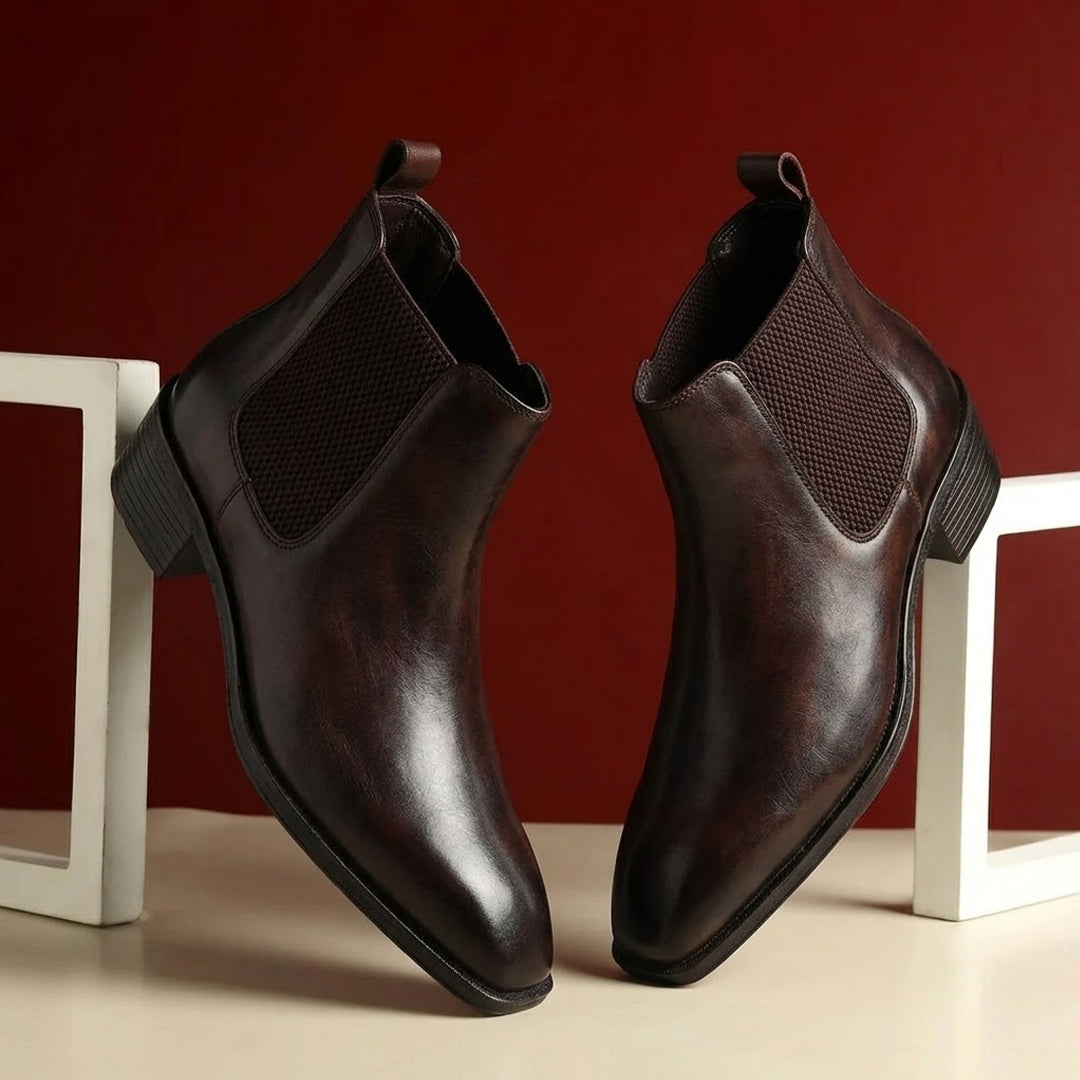 Dominion Brown Genuine Leather Cuban Heel Boots for Men – Tapered Almond Toe Design & 2.5-Inch Heel