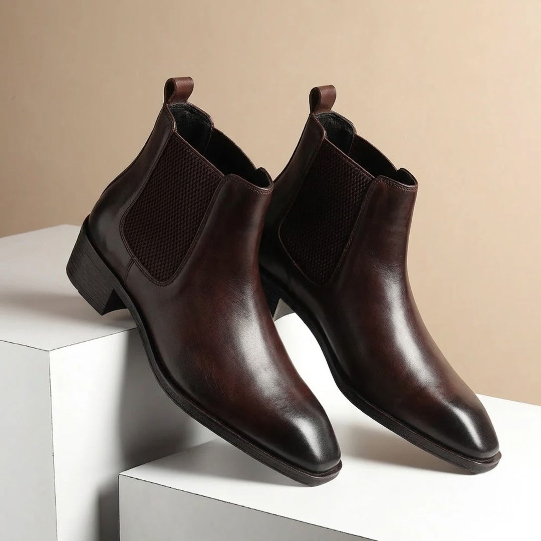 Dominion Brown Genuine Leather Cuban Heel Boots for Men – Tapered Almond Toe Design & 2.5-Inch Heel