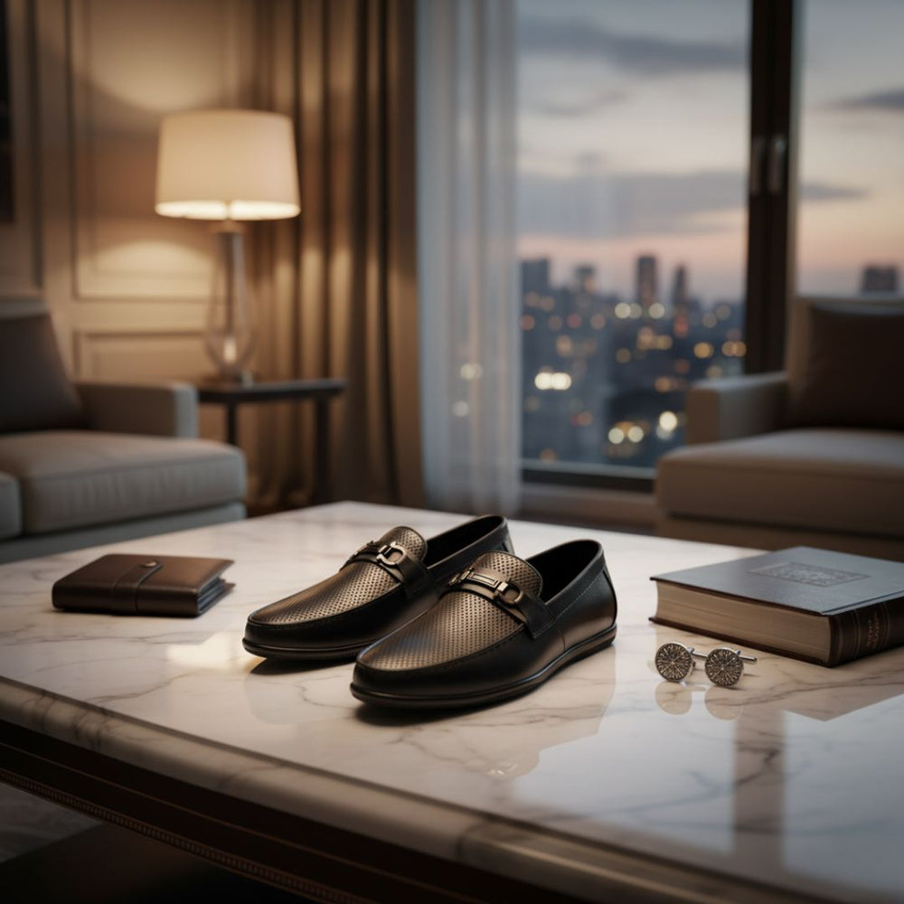 Hayes London | Dune Horsebit Loafers – Black Perforated Genuine Leather Men’s Shoes