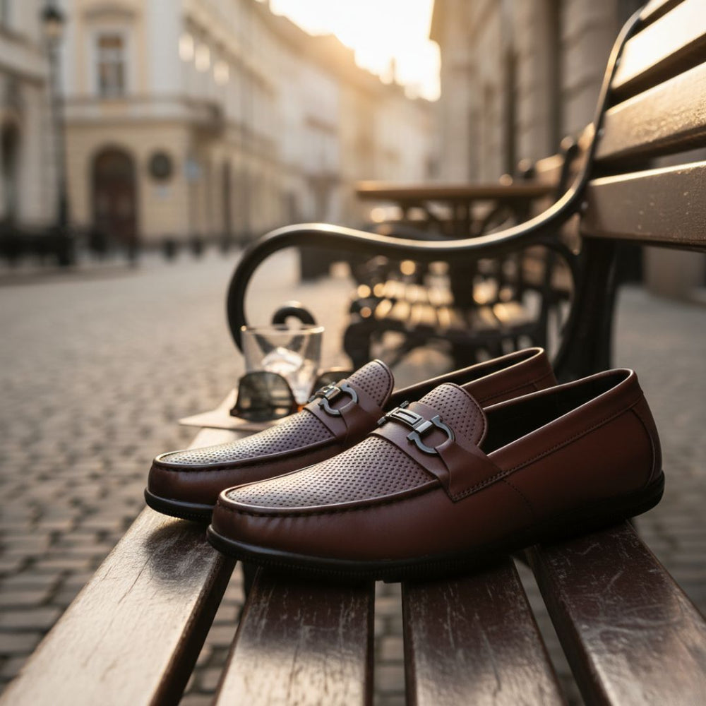 Hayes London | Dune Horsebit Loafers – Brown Perforated Genuine Leather Men’s Shoes