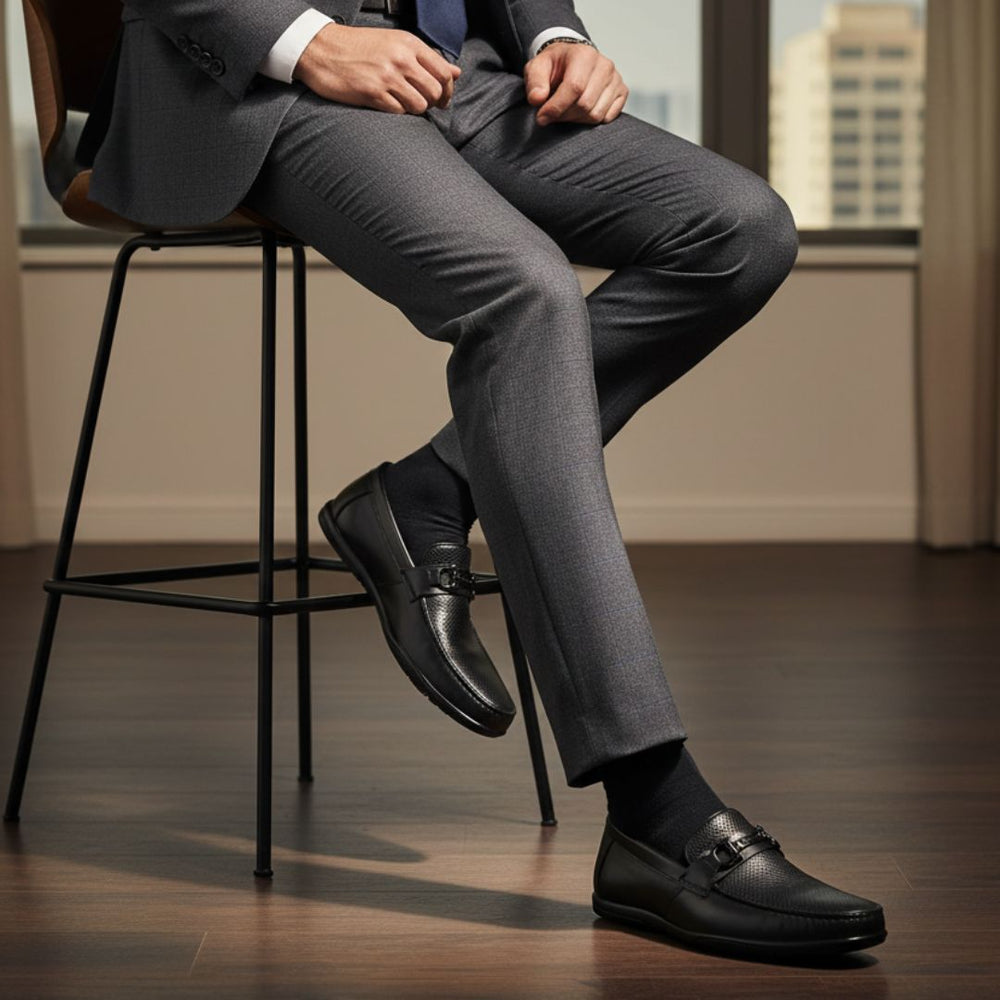 Hayes London | Dune Horsebit Loafers – Black Perforated Genuine Leather Men’s Shoes