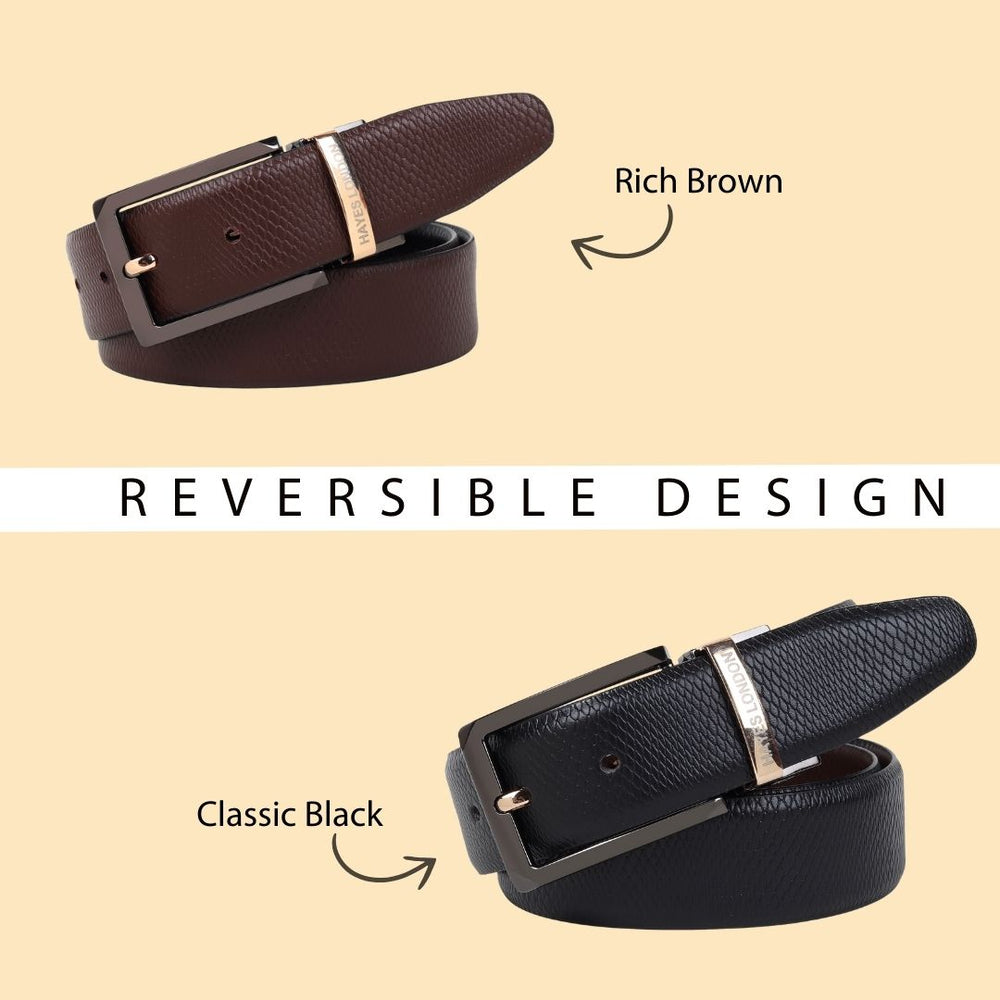 Hayes London | Italian Leather Reversible Black & Brown Belt For Men with Black & Gold Buckle (Leather Texture: Viper)