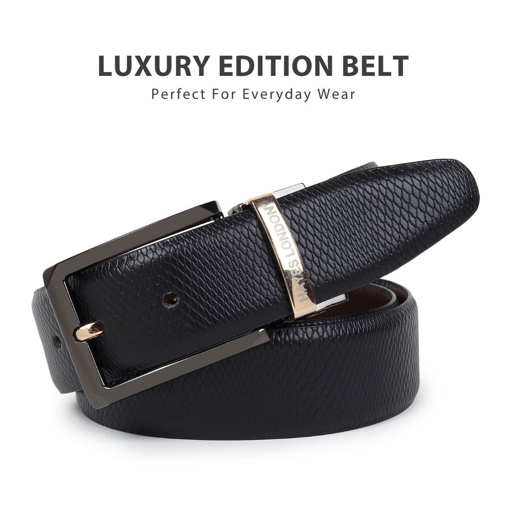 Hayes London | Italian Leather Reversible Black & Brown Belt For Men with Black & Gold Buckle (Leather Texture: Viper)