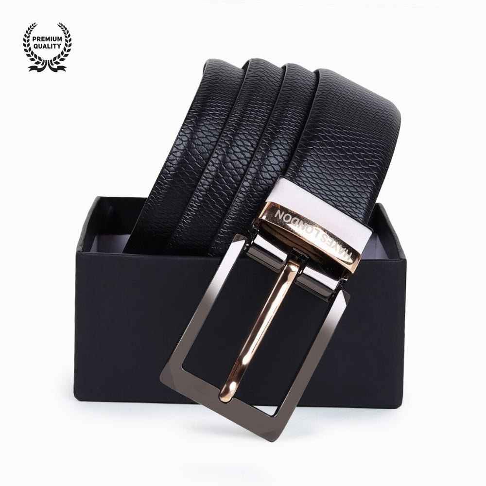 Hayes London | Italian Leather Reversible Black & Brown Belt For Men with Black & Gold Buckle (Leather Texture: Viper)