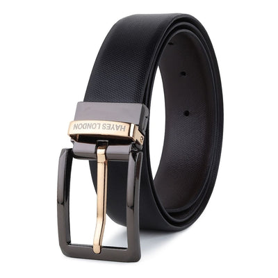 Hayes London | Italian Leather Reversible Black & Brown Belt For Men with Black & Gold Buckle (Leather Texture: Braided)