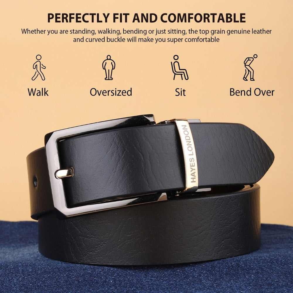 Hayes London | Reversible Black & Brown Genuine Leather Belt For Men with Black & Gold Buckle (Leather Texture: Wild)
