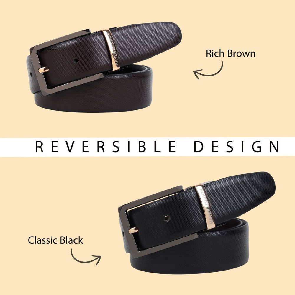 Hayes London | Italian Leather Reversible Black & Brown Belt For Men with Black & Gold Buckle (Leather Texture: Braided)