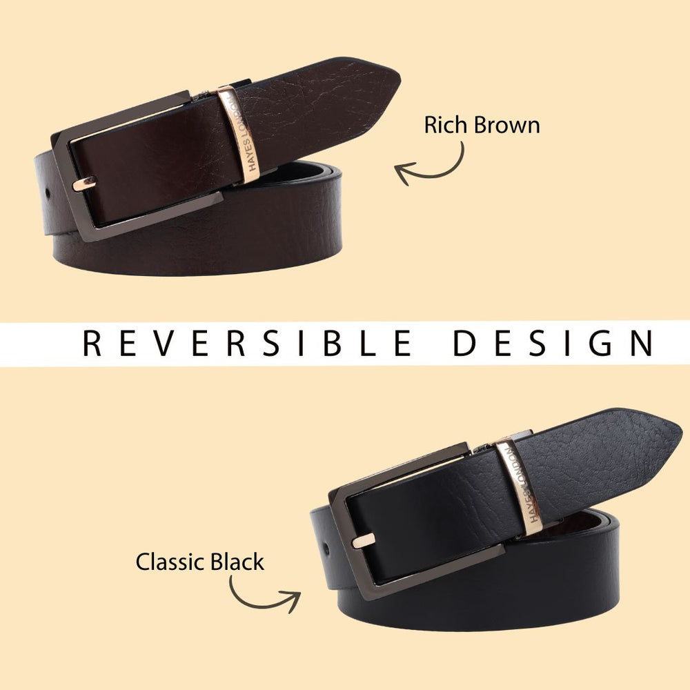 Hayes London | Reversible Black & Brown Genuine Leather Belt For Men with Black & Gold Buckle (Leather Texture: Wild)