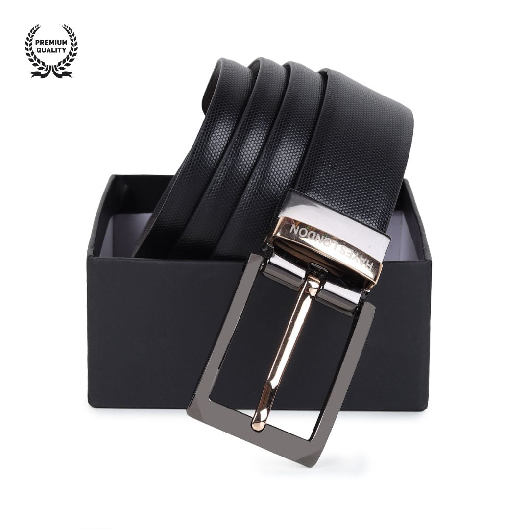 Hayes London | Italian Leather Reversible Black & Brown Belt For Men with Black & Gold Buckle (Leather Texture: Braided)
