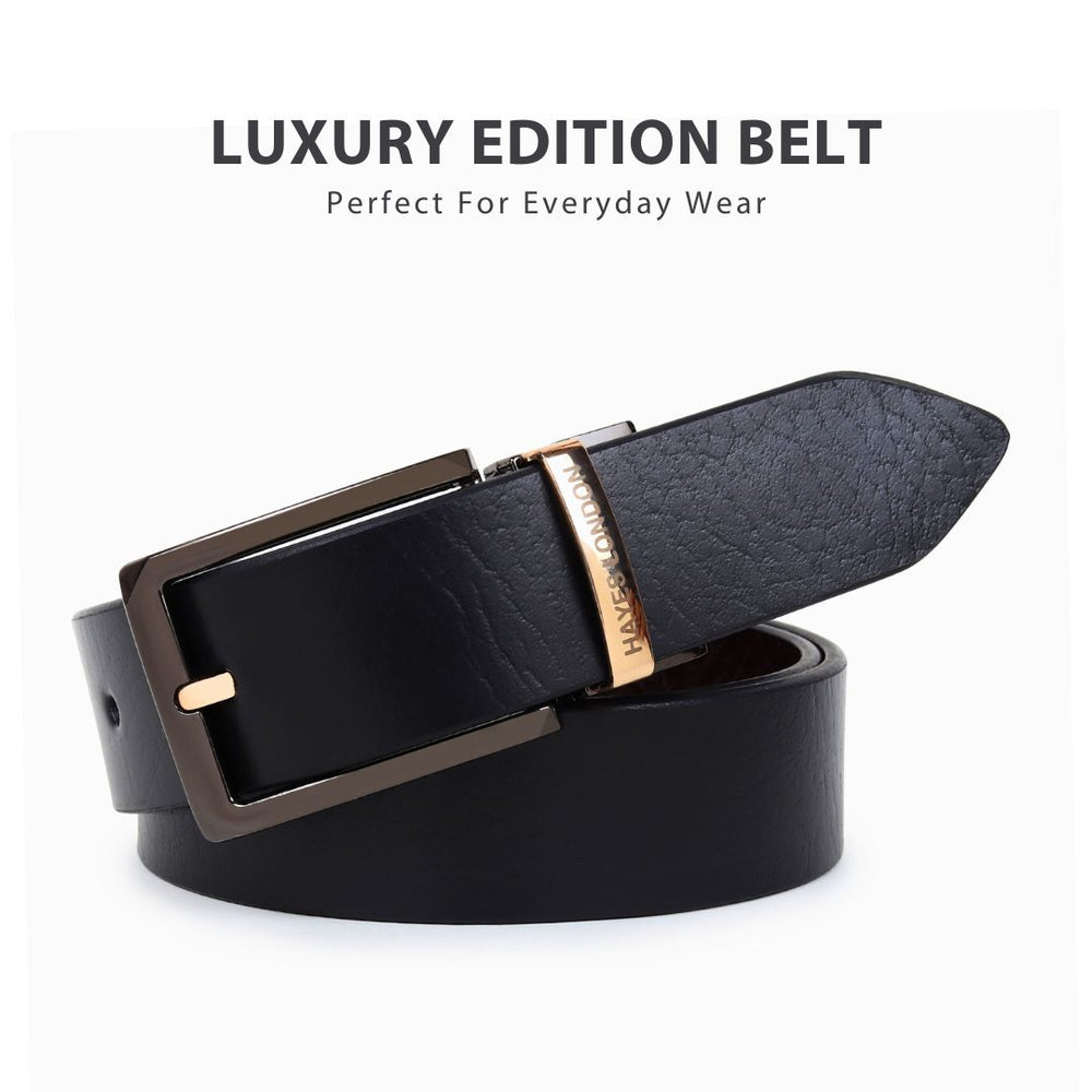 Hayes London | Reversible Black & Brown Genuine Leather Belt For Men with Black & Gold Buckle (Leather Texture: Wild)