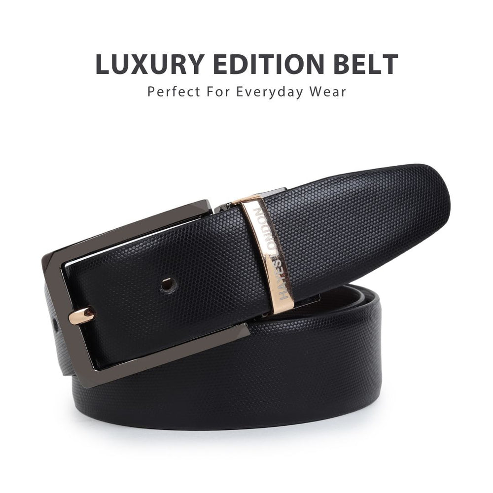 Hayes London | Italian Leather Reversible Black & Brown Belt For Men with Black & Gold Buckle (Leather Texture: Braided)