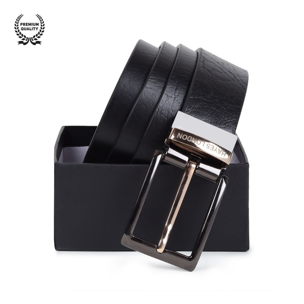 Hayes London | Reversible Black & Brown Genuine Leather Belt For Men with Black & Gold Buckle (Leather Texture: Wild)