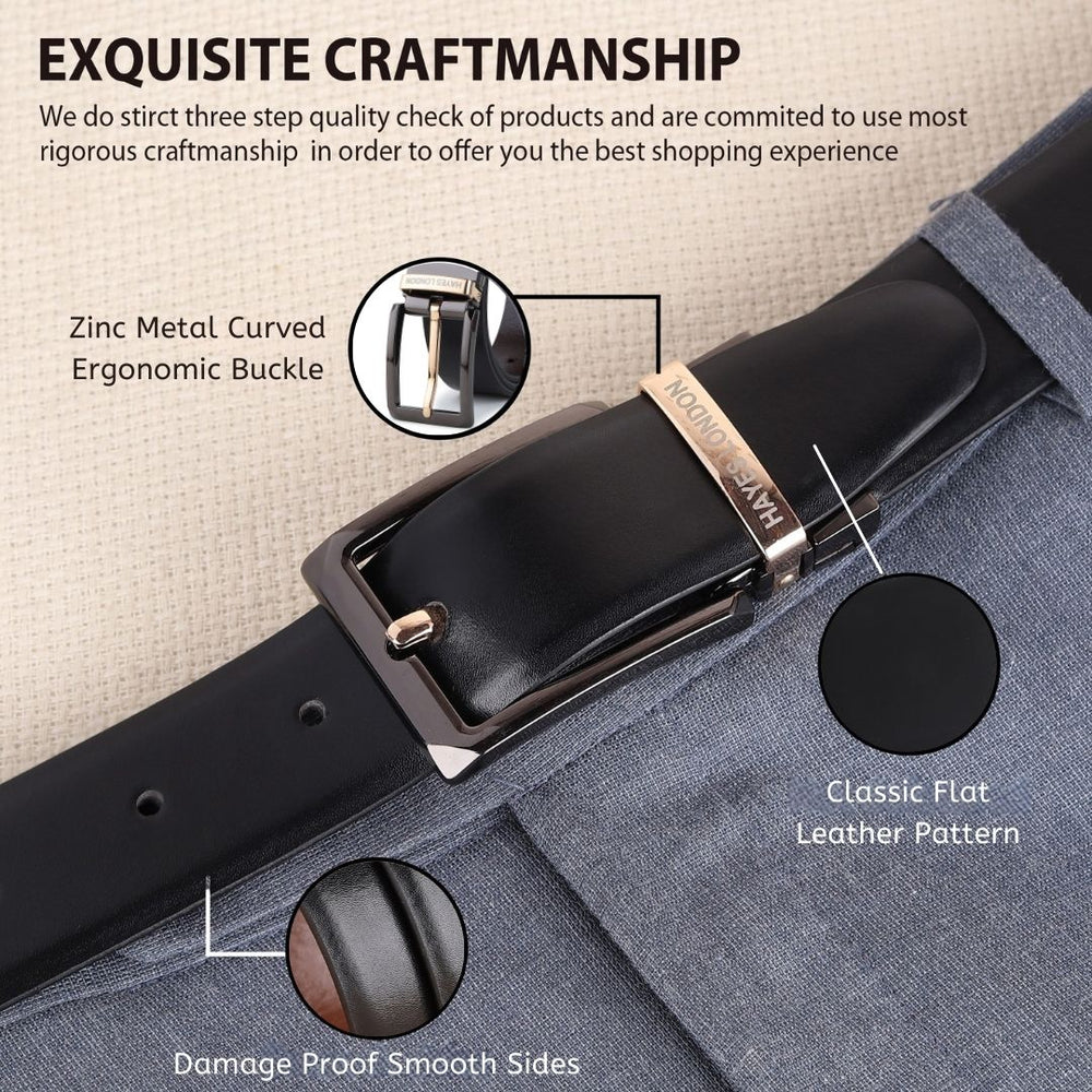 Hayes London | Italian Leather Reversible Black & Brown Belt For Men with Black & Gold Buckle (Leather Texture: Plain)