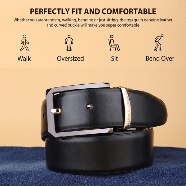 Hayes London | Italian Leather Reversible Black & Brown Belt For Men with Black & Gold Buckle (Leather Texture: Plain)