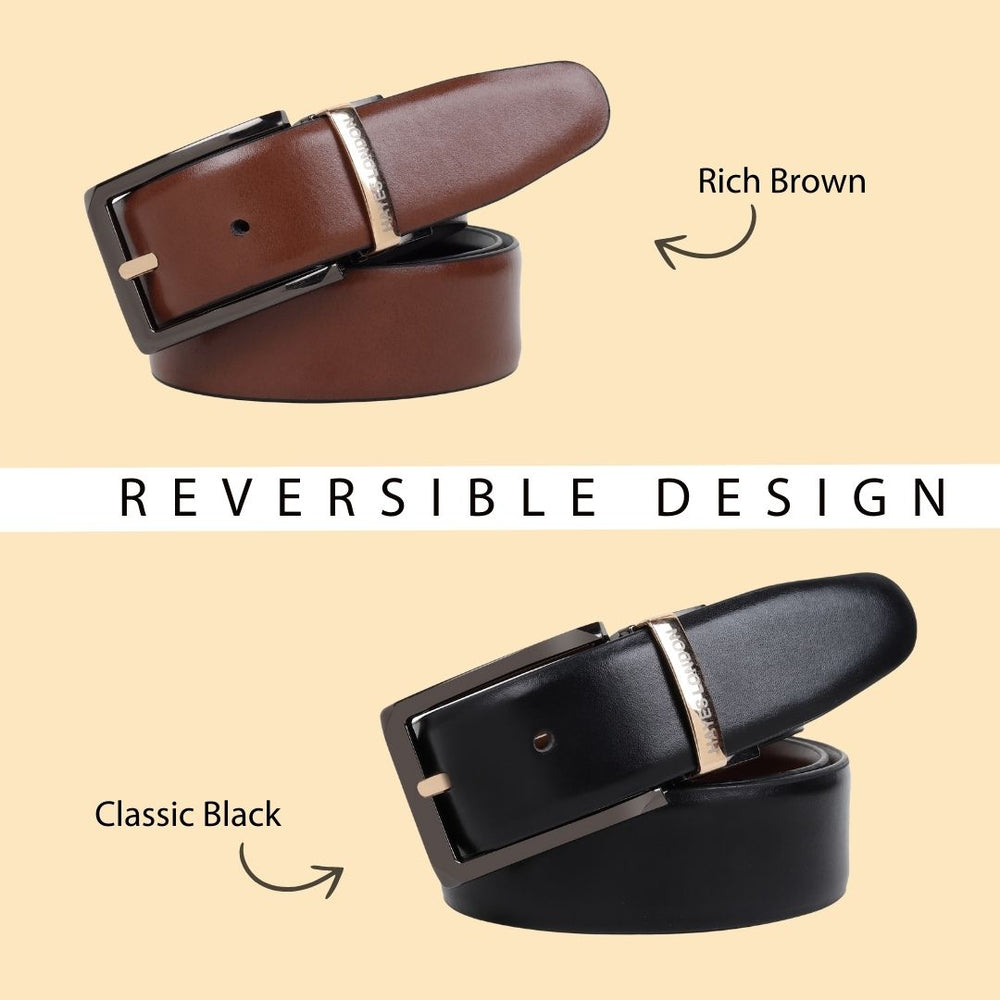 Hayes London | Italian Leather Reversible Black & Brown Belt For Men with Black & Gold Buckle (Leather Texture: Plain)
