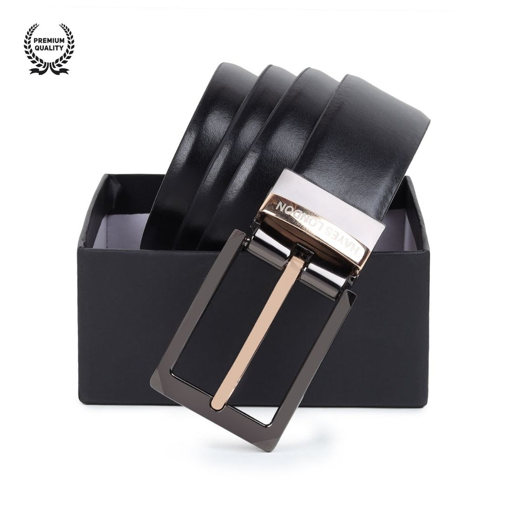 Hayes London | Italian Leather Reversible Black & Brown Belt For Men with Black & Gold Buckle (Leather Texture: Plain)