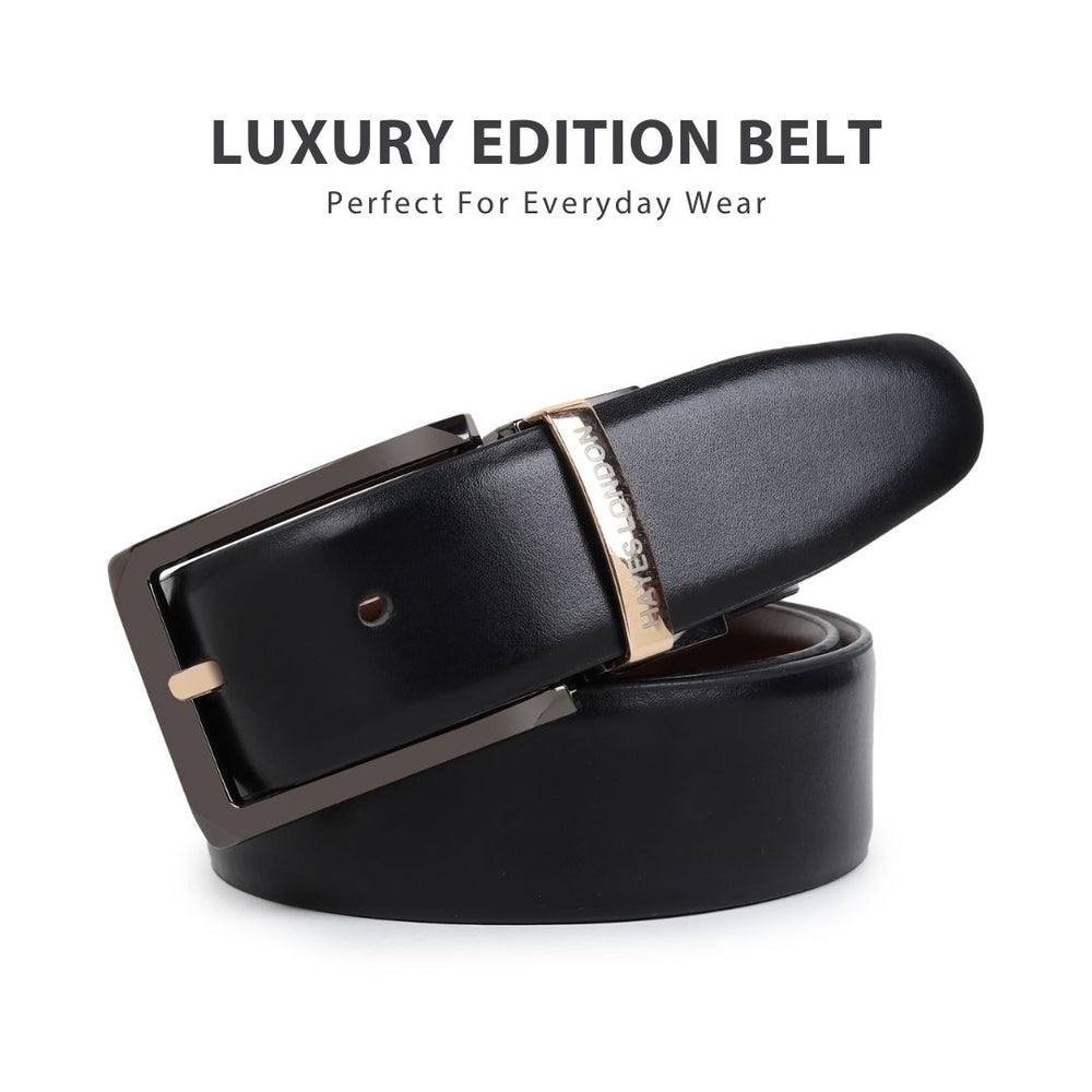 Hayes London | Italian Leather Reversible Black & Brown Belt For Men with Black & Gold Buckle (Leather Texture: Plain)