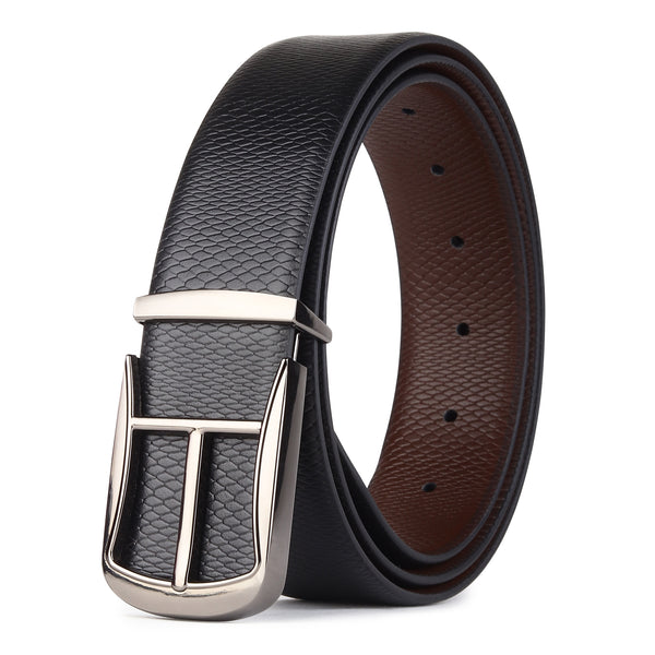 Hayes London | Cronos Viper Black & Brown Italian Leather Reversible Belt for Men – Grey Buckle