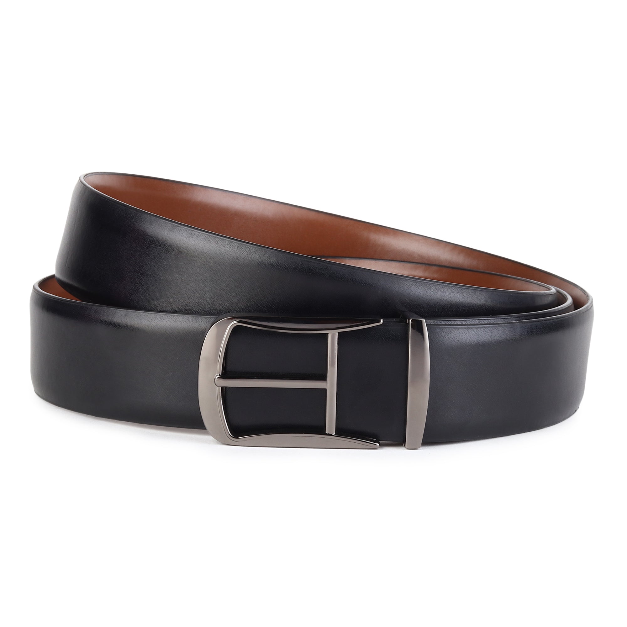 Cronos Plain Black & Brown Italian Leather Reversible Belt for Men – Grey Buckle