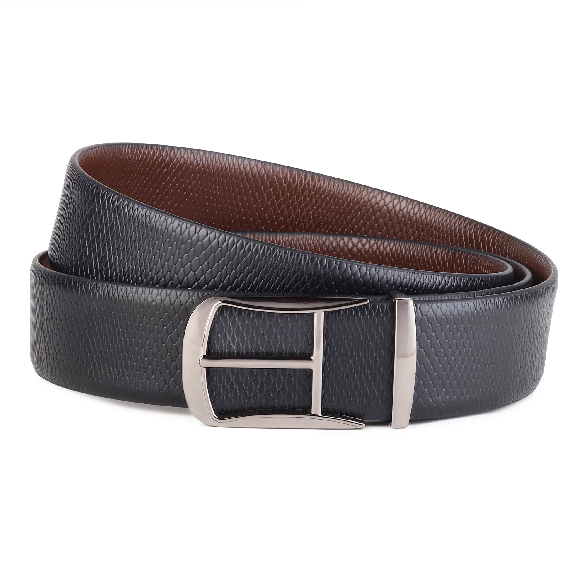 Hayes London | Cronos Viper Black & Brown Italian Leather Reversible Belt for Men – Grey Buckle