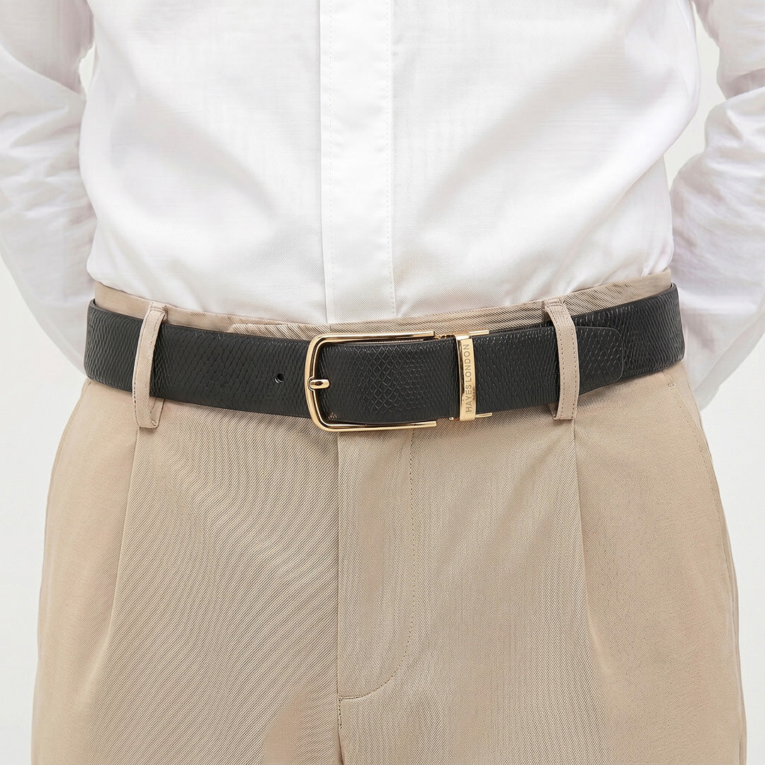 Hayes London | Italian Leather Reversible Black & Brown Belt For Men (Leather Texture: Viper)