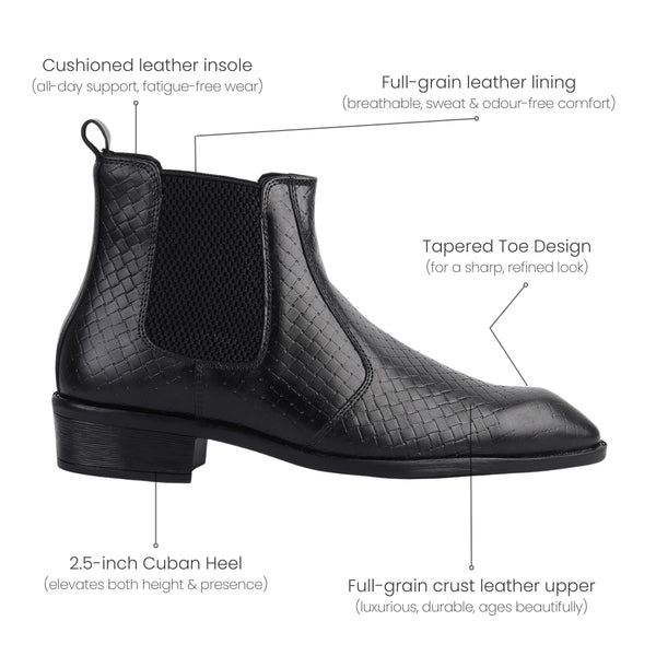 Hayes London | Kingsley Cuban Heel Boots – Black Textured Genuine Leather Men’s Boots (2.5-Inch Heel & Tapered Toe Design)