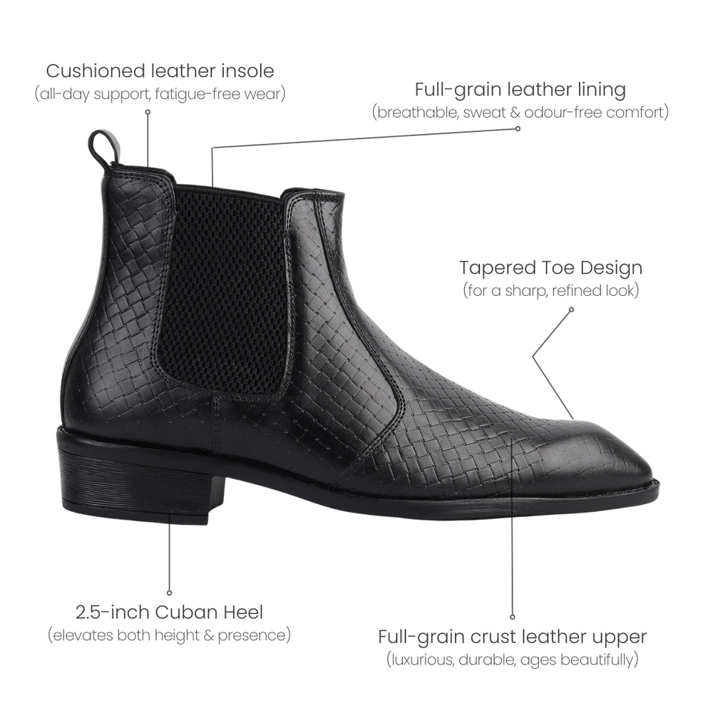 Hayes London | Kingsley Cuban Heel Boots – Black Textured Genuine Leather Men’s Boots (2.5-Inch Heel & Tapered Toe Design)