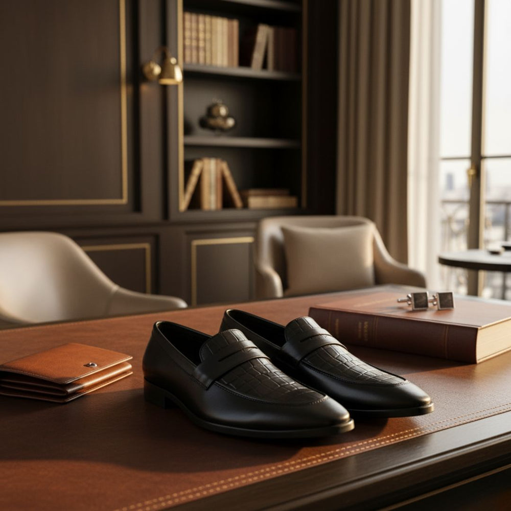 Hayes London | Milan Black Formal Penny Loafers for Men – Genuine Leather Croco Slip-On Shoes for Office & Party Wear