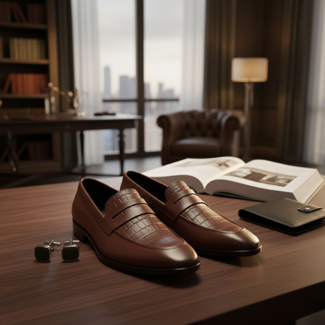 Hayes London | Milan Brown Formal Penny Loafers for Men – Genuine Leather Croco Slip-On Shoes for Office & Party Wear