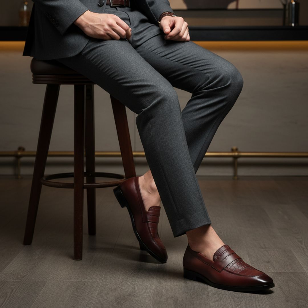 Hayes London | Milan Brown Formal Penny Loafers for Men – Genuine Leather Croco Slip-On Shoes for Office & Party Wear