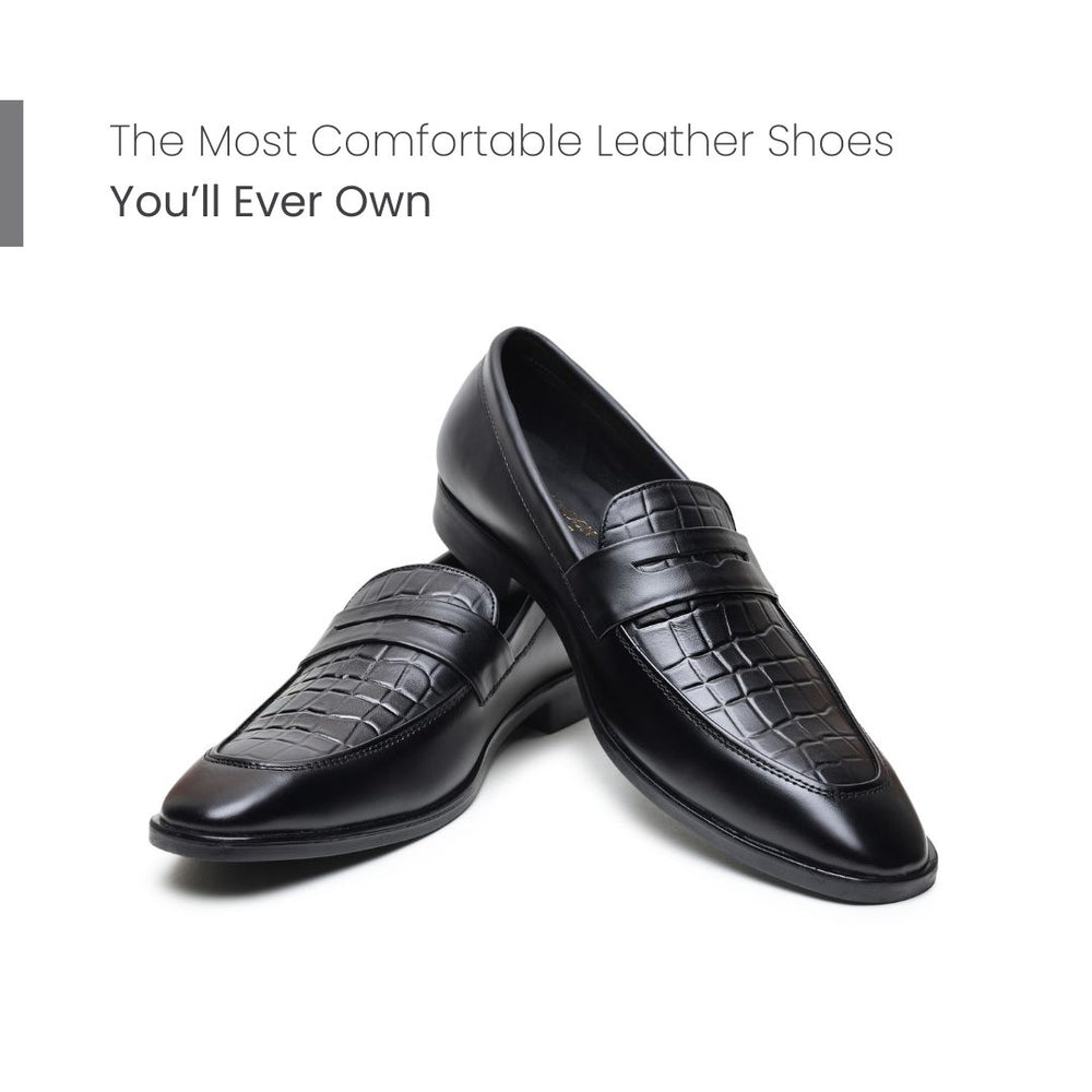 Hayes London | Milan Black Formal Penny Loafers for Men – Genuine Leather Croco Slip-On Shoes for Office & Party Wear