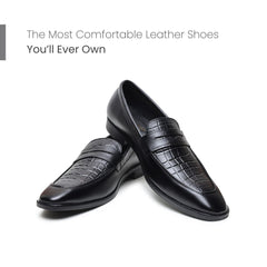 Hayes London | Milan Black Formal Penny Loafers for Men – Genuine Leather Croco Slip-On Shoes for Office & Party Wear