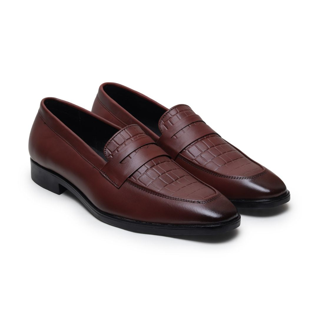 Hayes London | Milan Brown Formal Penny Loafers for Men – Genuine Leather Croco Slip-On Shoes for Office & Party Wear